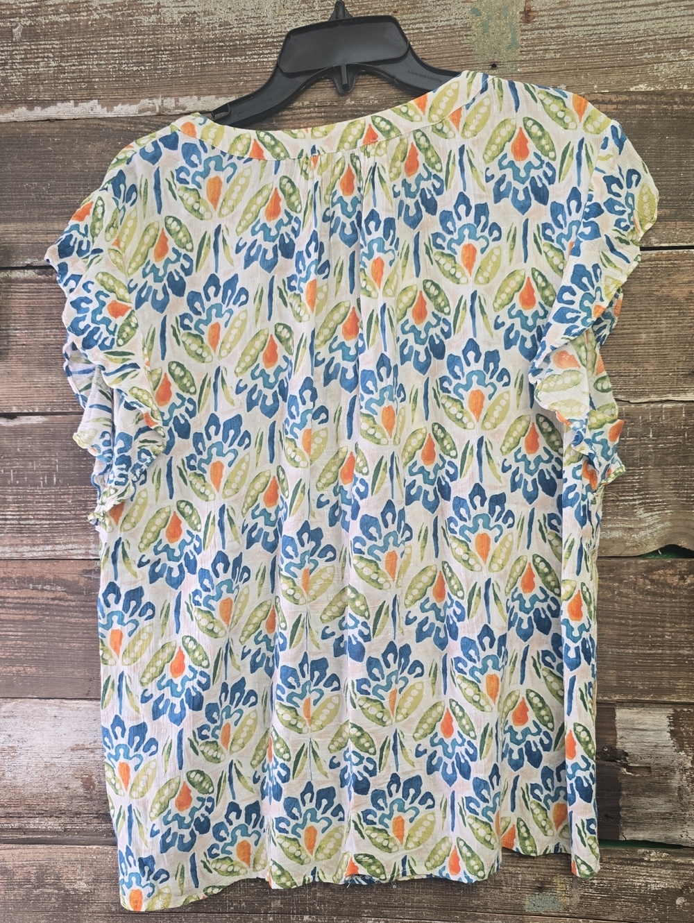 RACHEL Rachel Roy Floral V-Neck Flutter Sleeve Top in Blue, Green & Coral, Sz 1X - Picture 2 of 3